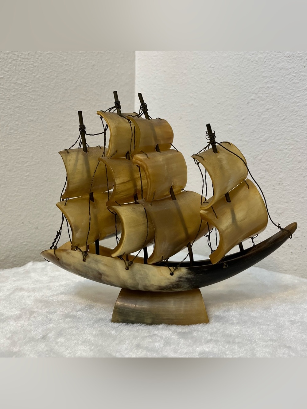 Vintage Hand Carved Horn Nautical Sailboat 4 Mast Sail Boat Ship